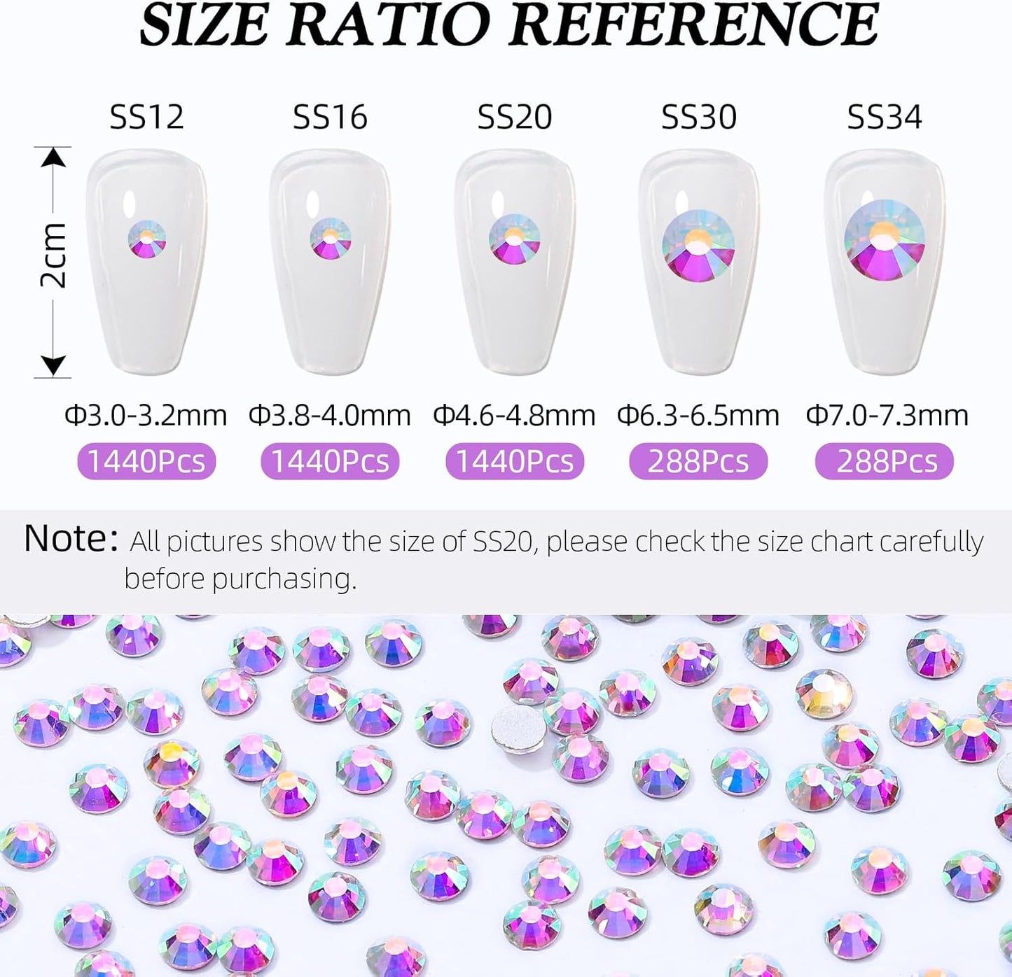 Crystal AB Flatback Rhinestones, Glass Rhinestones for Nail Art and Craft, Glue Fix, Loose Crystal Gemstones(Crystal AB, SS20, 1440pcs, 4.6-4.8mm)