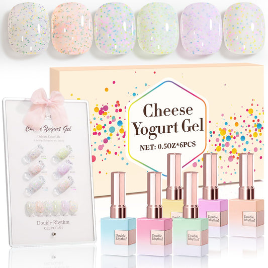 Double Rhythm 0.5 Oz Glitter Gel Polish Set of 6 Color with Display Borad 15 ml Full Size Kit Shimmer Reflective Sparkle Soak Off Manicure Salon DIY at Home (Eggshell Green Purple Colorful Dots-T6-41)