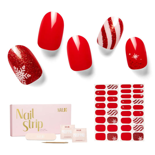 Nailog Semi Cured Gel Nail Strips 34 pcs for Christmas | Long Lasting Nail Polish Sticker Wraps with Glossy Gel Finish (Santa is Here)
