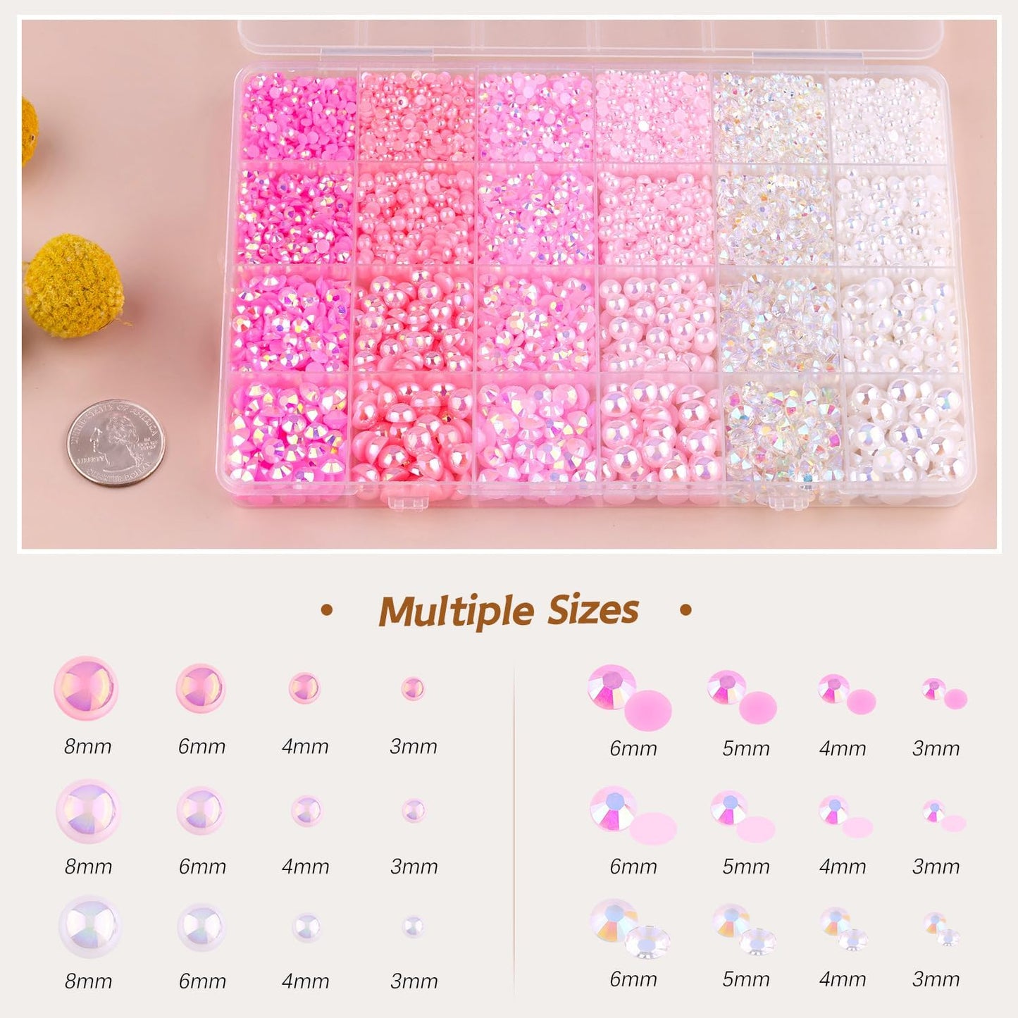 9000PCS Flatback Pearls and Rhinestones for Bedazzling, Pink White 3-10mm Resin Rhinestones and Half Pearls for Crafting, Nail Art and Grad Cap Decor with B7000 Jewelry Glue