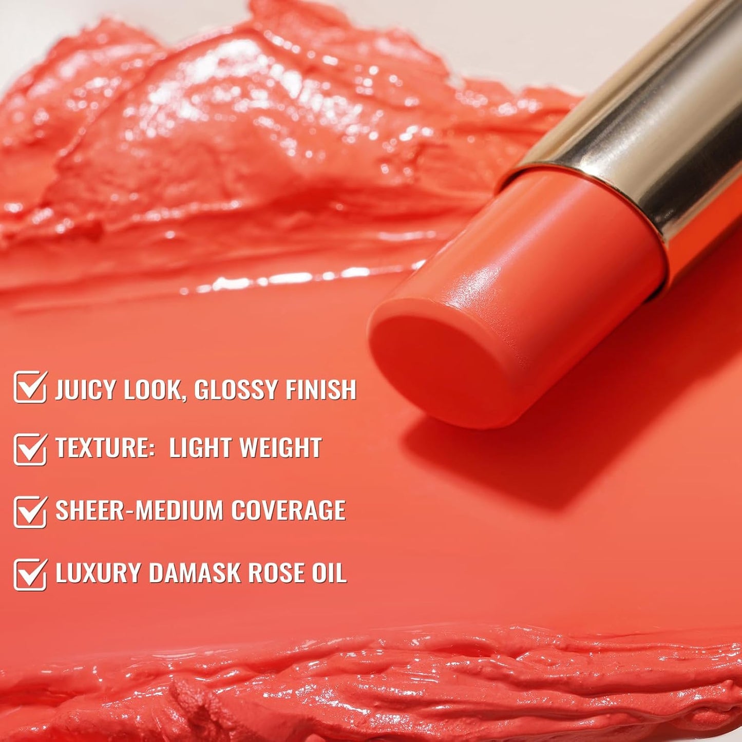 Oulac Moisturizing Shine Orange Red Lipstick for Women - 2 in 1 Orange Red Glossy Tinted Lip Balm, Hydrating Winter Lipstick for Dry Lips,Shine Juicy Finish Vegan 2.2g/0.07oz (12)