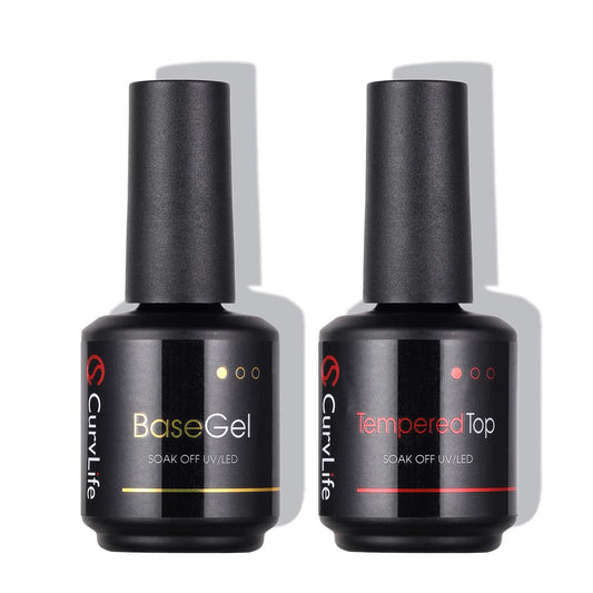 CurvLife 15ml No Wipe Top Coat Clear Glossy Gel Tips Base and 15ml Top Coat Set Soak off UV LED Drying Long Lasting Shiny nail gel polish