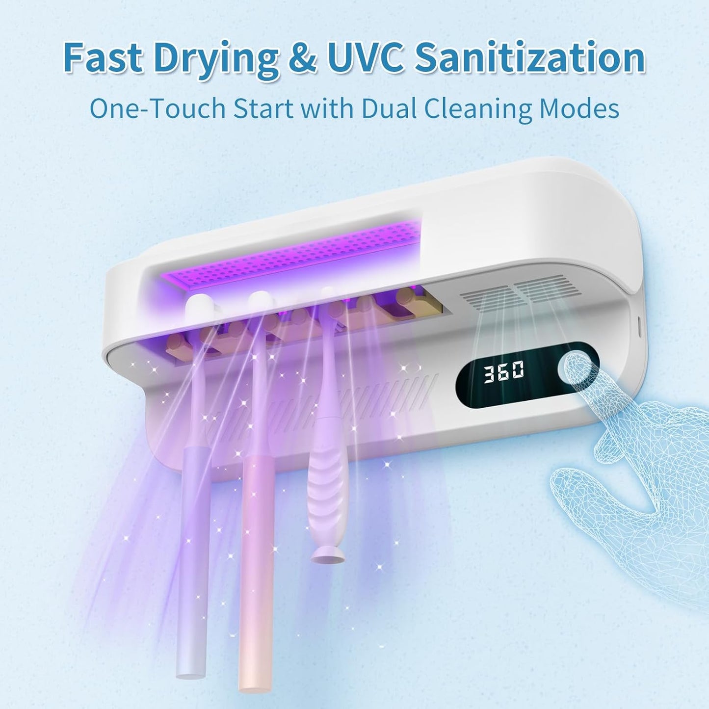 UV Toothbrush Sanitizer and Holder, Wall-Mounted Electric Toothbrush Cleaner with Air Drying & Countdown Timer, Long Battery Life, USB Rechargeable, 4 Slots Bathroom Toothbrush Holders