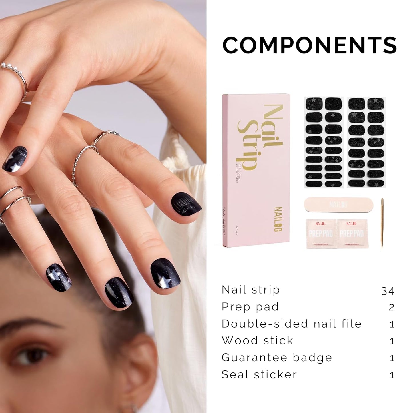 Semi Cured Gel Nail Strips - NAILOG 34 Pcs Gel Nail Stickers Buy 2 Get 1 UV Light | Long Lasting Nail Wraps with Glossy Gel Finish Black, Stardust