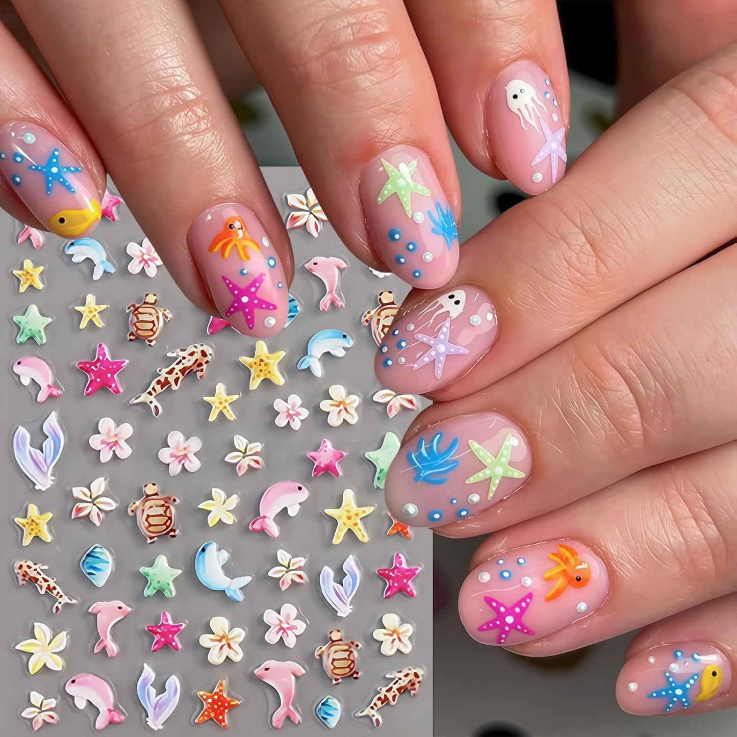 2Sheets Ocean Life 5D Embossed Nail Art Stickers Decals Dolphin Conch Seashell Nail Stickers Self-Adhesive Flowers Turtles Corals Nail Designs Sea Creature Nails Supplies for Women Nails Decoration