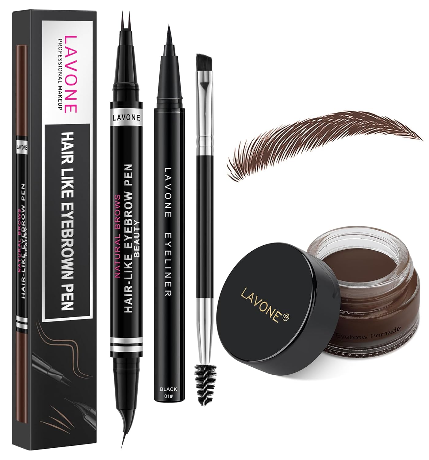 LAVONE Hair-Like Eyebrow Pen Makeup kit, Eyebrow Pencils for Women with Waterproof Microblading Eyebrow Pencil, Eyebrow Pomade, Eyeliner and Eyebrow Brush, Create Full, Natural Brows, Espresso