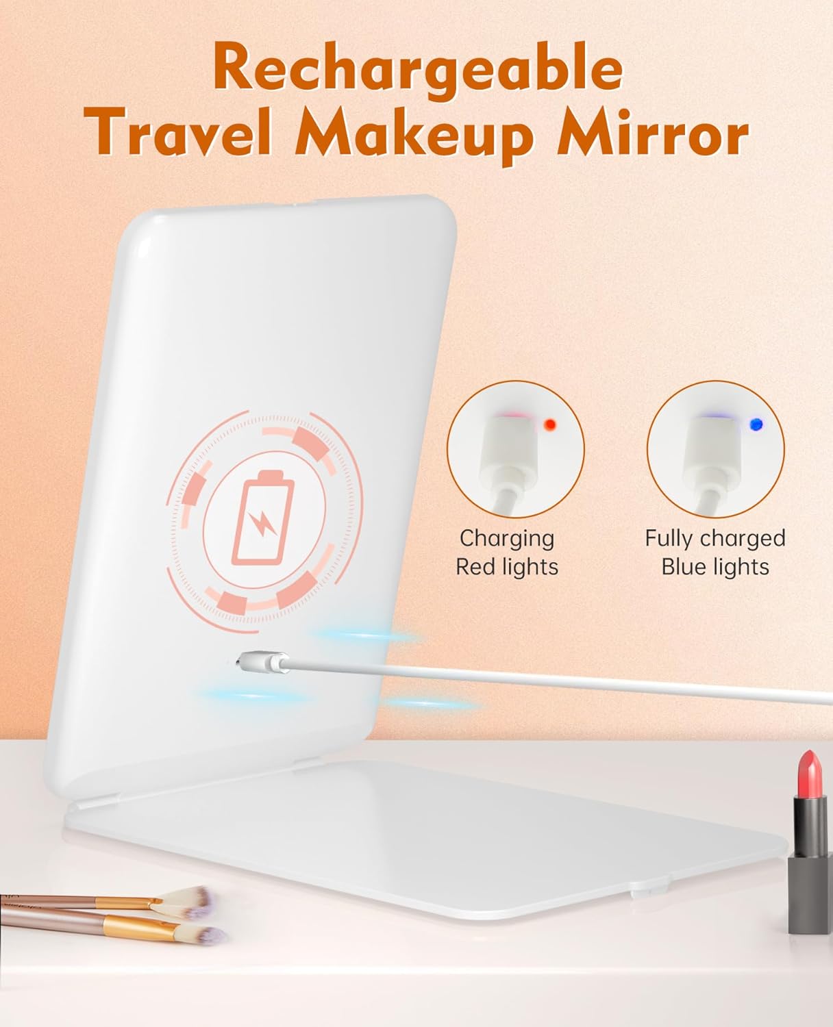 FUNTOUCH Rechargeable Travel Makeup Mirror with Lights and 10X Magnifying Mirrors, Portable Lighted Vanity Mirror with 80 Led,2000mAh Battery,3 Color Lighting,Touch Dimming,Tabletop Light up Mirror