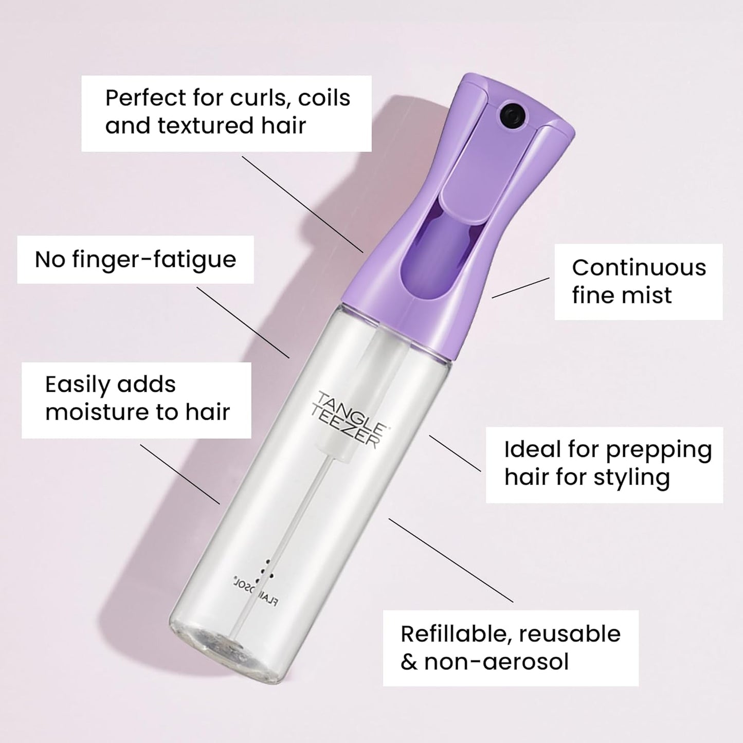 TANGLE TEEZER Fine Mist Continuous Spray Bottle, Reusable and Refillable, for Hair Detangling and Styling, 10.1 oz, Lilac