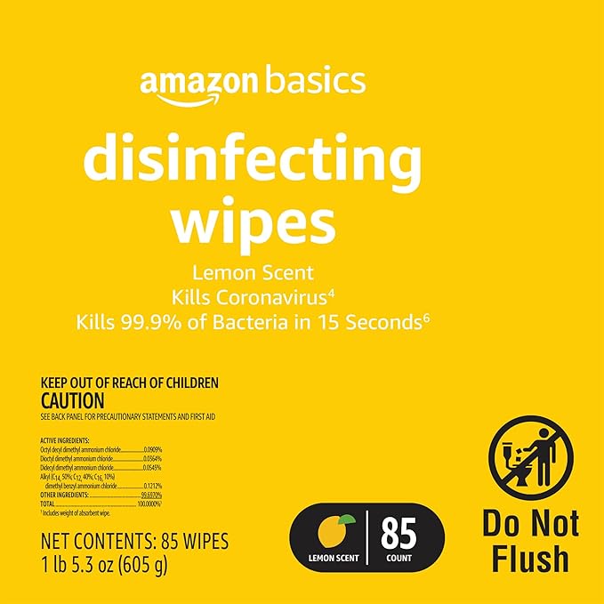 Amazon Basics Disinfecting Wipes, Lemon Scent, Sanitizes/Cleans/Disinfects/Deodorizes, 255 Count (3 Packs of 85)