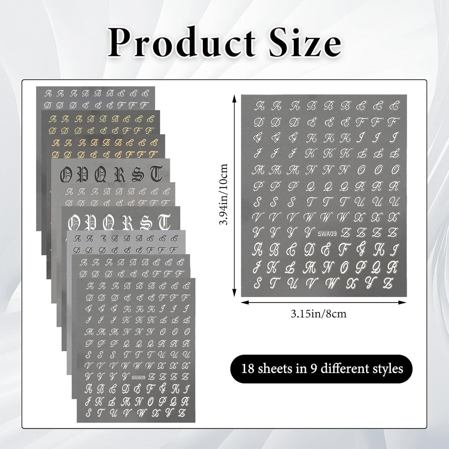 18 PCS Retro English Letters Nail Stickers, 3D Self-Adhesive Black White Gold Silver Design Nail Decals, Nails Stickers for Women DIY Nails Art Manicure Decoration