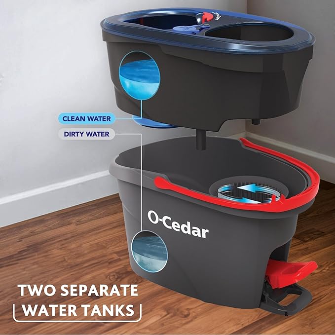 O-Cedar RinseClean Spin Mop & Bucket System + 2 Extra Mop Heads| Clean with Clean Water | Removes 99% of Bacteria