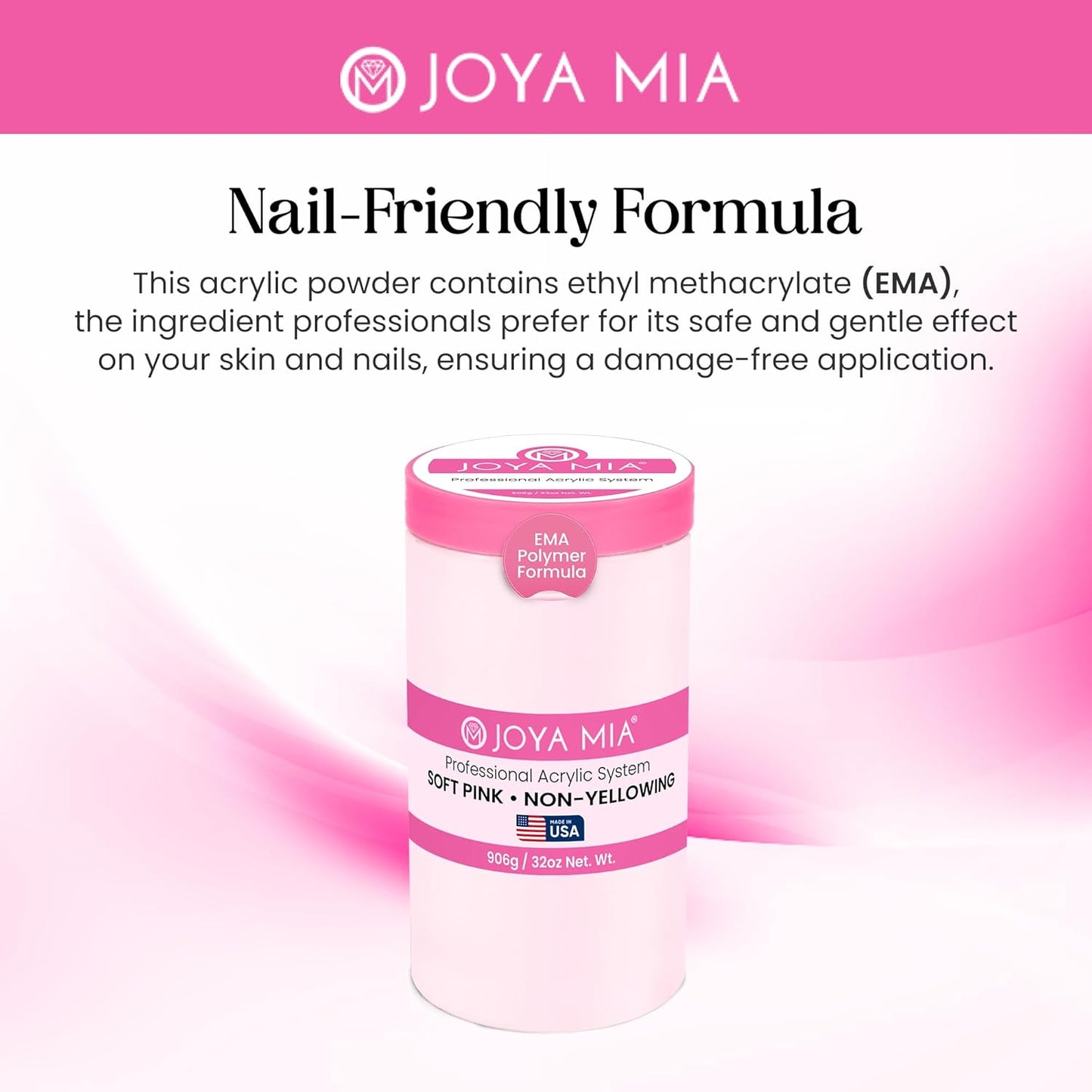 Joya Mia Acrylic Powder for Nails, MMA-Free, Super Adhesion Professional Powder for Flawless & Long-Lasting Nail Enhancements, Easy Application, Vibrant & Stunning Colors - Soft Pink, 32 oz