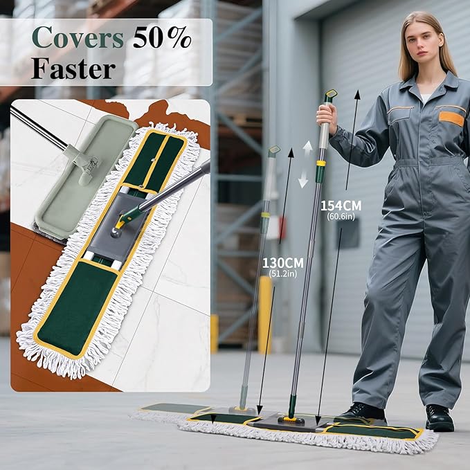 36" Commercial Mop, Masthome Heavy Duty Industrial Mop for Floor Cleaning,Commercial Dust Mop with 3 Reusable Pads,60”Long Handle Wet Dry Flat Mops for Hardwood Floors, Marble, Laminate, Tile(Green)