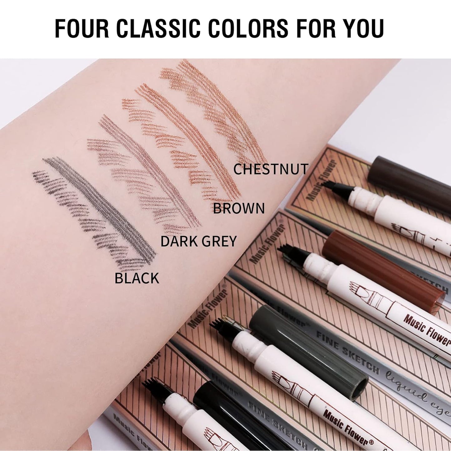 Music Flower Eyebrow Pen, Liquid Eyebrow pen, Waterproof Brow Pencil with Micro-Fork Tip, Smudgeproof Long Lasting Fine Sketch Microblading Pen-Dark grey