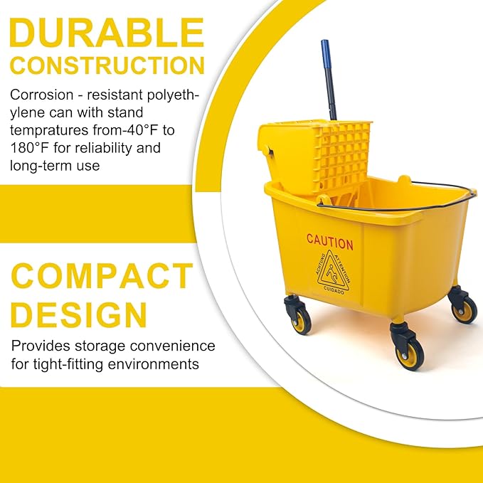 KeFanta 35 Quart Commercial Mop Bucket with Side Press Wringer on Wheels,Yellow,Include Heavy Duty Industrial Mop for Floor Cleaning,Household,Business,Restaurants and Janitorial Use