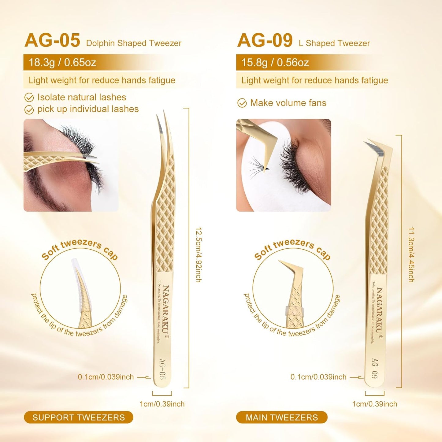 NAGARAKU Eyelash Tweezers, 1 Pair Precision Fiber Tip Tweezer for Lash Extensions Volume Grip Tweezers Antistatic Straight Curved Tip Stainless Steel with Box -Dolphin & L Typ Tweezers AG-05 & AG-09