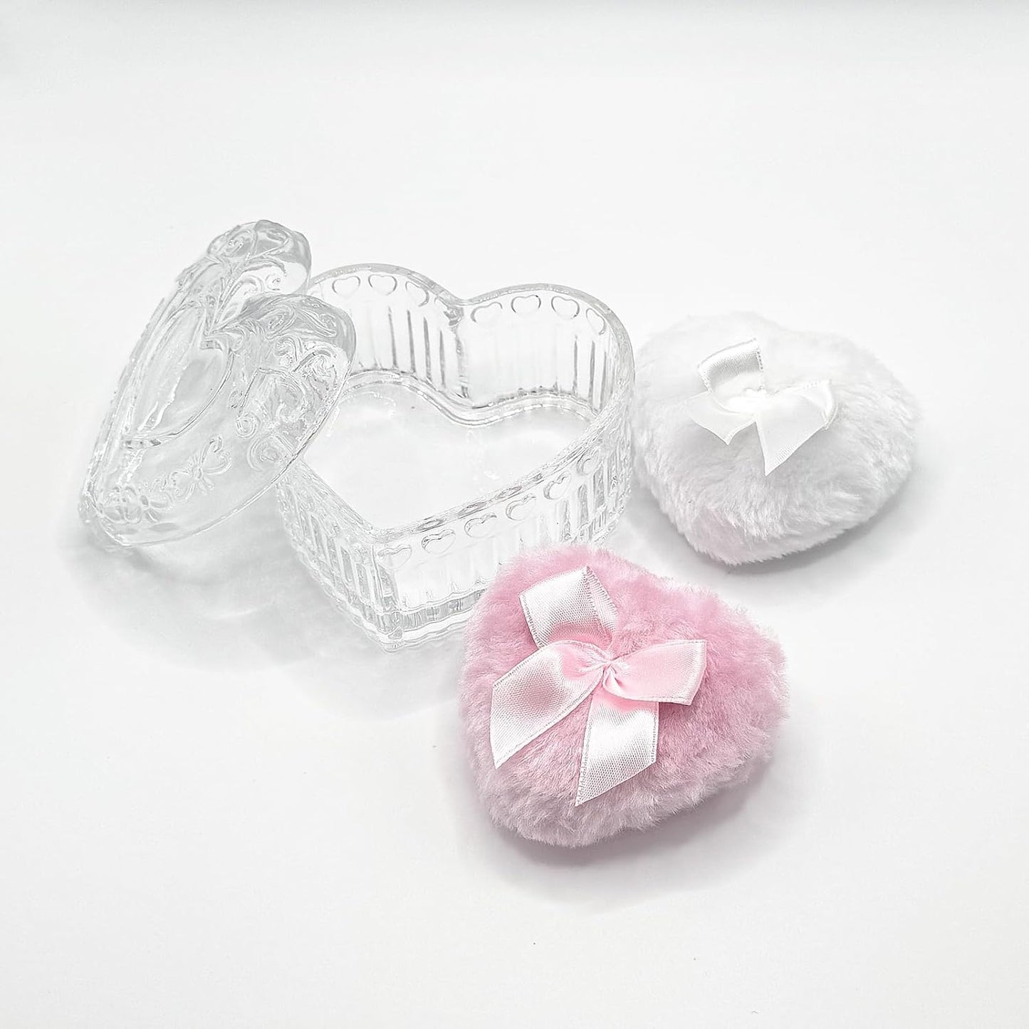 Body Powder Puff and Container - Glass Heart Dusting Powder Container with 2 Soft Puffs – Vintage Powder Puff Case for Women & Girls-GRB007-Transparent