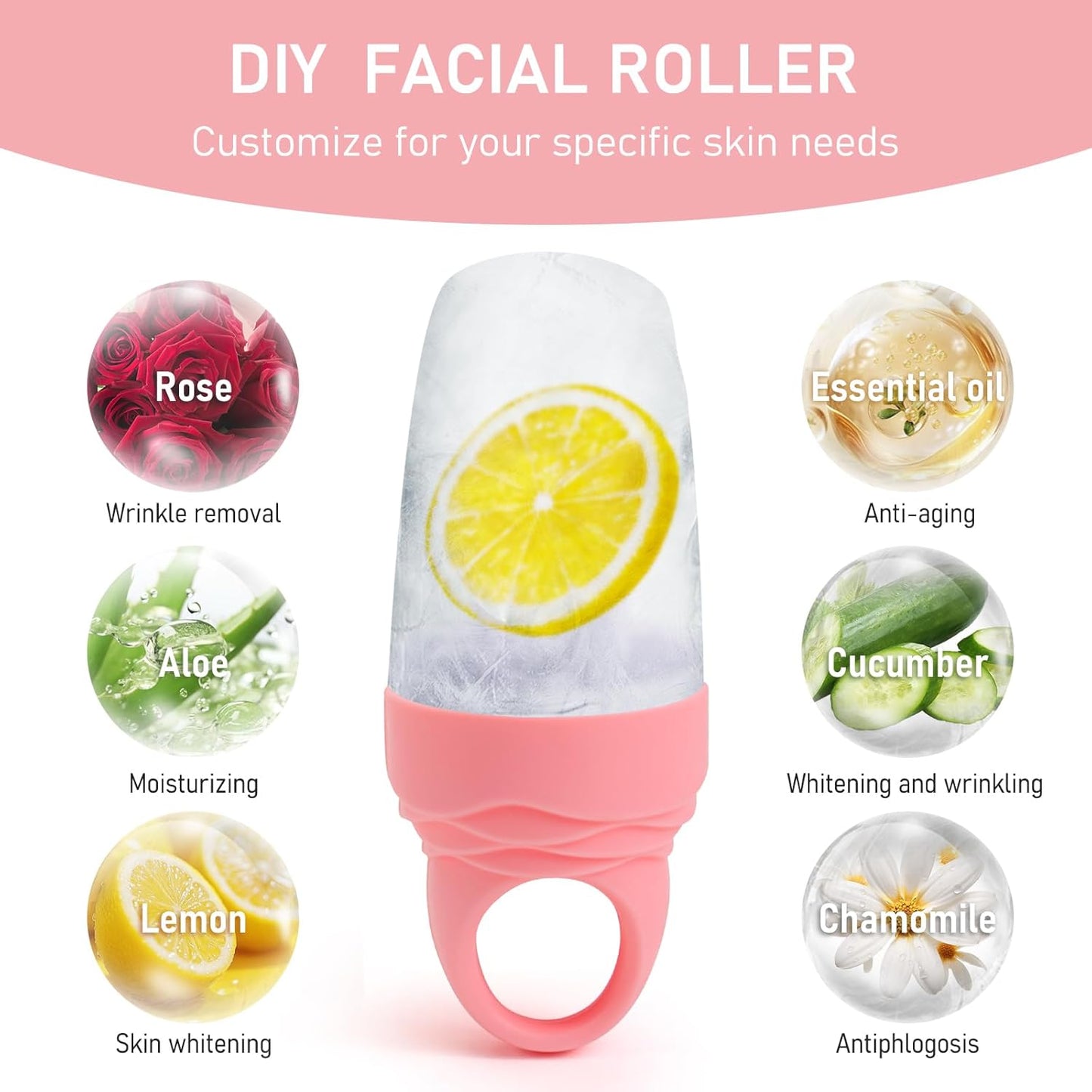 3 Pcs Facial Ice Roller Silicone Mold Reusable for Face Women and Eye Neck Cold Skin Care Tools Freezer De Puff Eyes Bags Reduce Migraine Pain Pink
