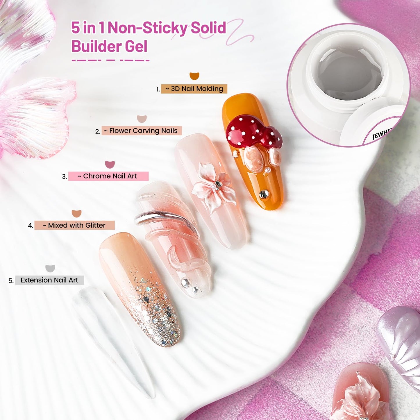 JEWHITENY 45g Large Capacity Clear Solid Builder Gel: Non-sticky 3D Sculpting Gel For Nail Extension, Nails Carving & 3D Molding Nail Art