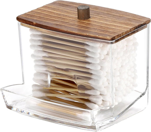 Tbestmax 10oz Qtip Holder Dispenser with Black Wood Lids, Big Cotton Swab Holder Bathroom Accessories Organizer for Storage-Qtips Cotton Ball, Floss Container