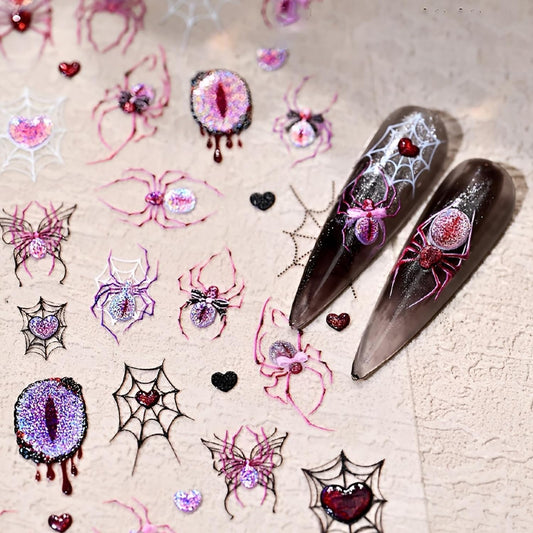 2 Sheets Halloween Nail Art Stickers Decals 5D Embossed Spider Web Nail Decals Glitter Spider Eyes Nail Design Stickers Gothic Halloween Nail Art Supplies for Women DIY Manicure Decoration Accessories