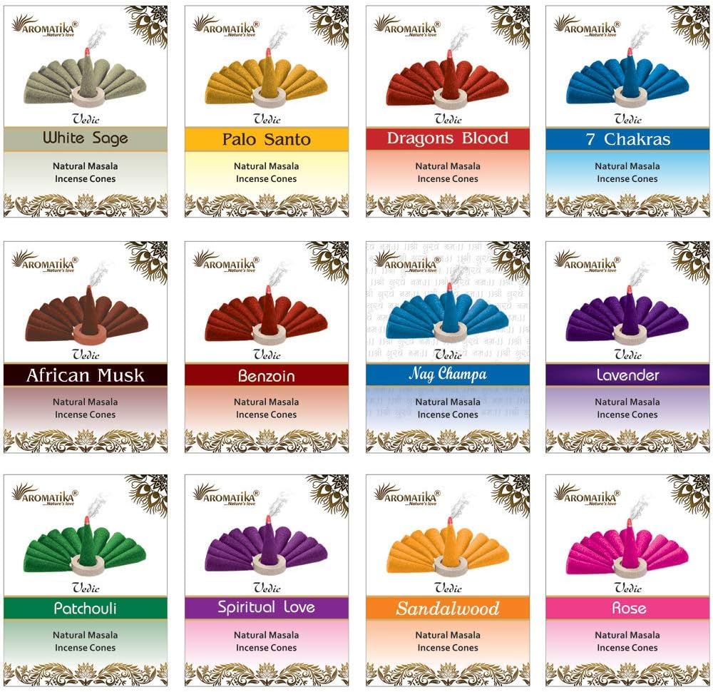 ARO VATIKA Vedic Natural Masala 120 Incense Cones in Pack of 12 Boxes |12 Assorted Fragrances Dhoop Cones | Best for Prayer, Reiki, Meditation and Relaxation | Burn time- 25 Mins