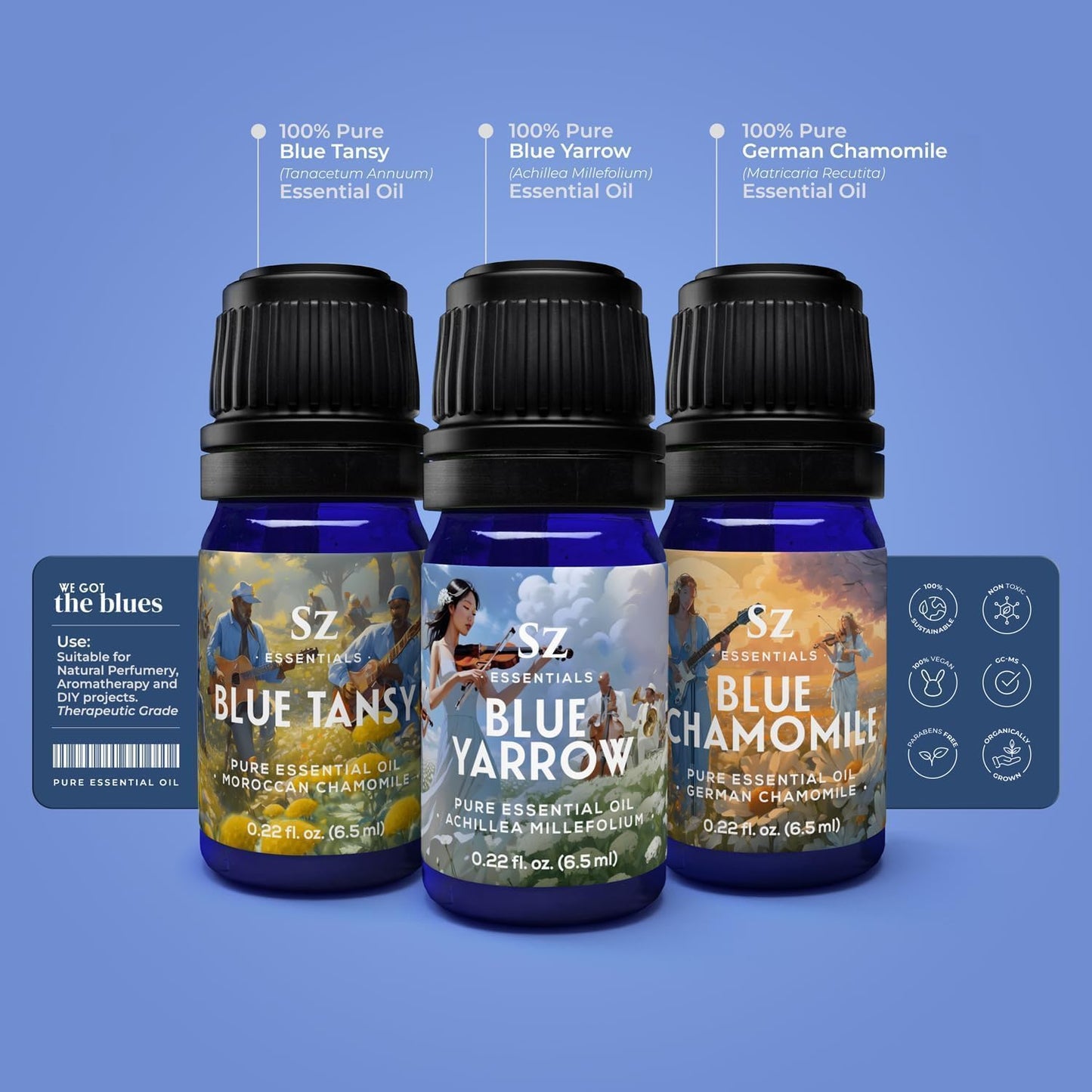 – “We Got The Blues” Essential Oils Set – Blue Tansy, Yarrow & German Chamomile – 3 x 6.5ml Bottles – 100% Pure, Natural, Undiluted – Therapeutic Grade & Vegan