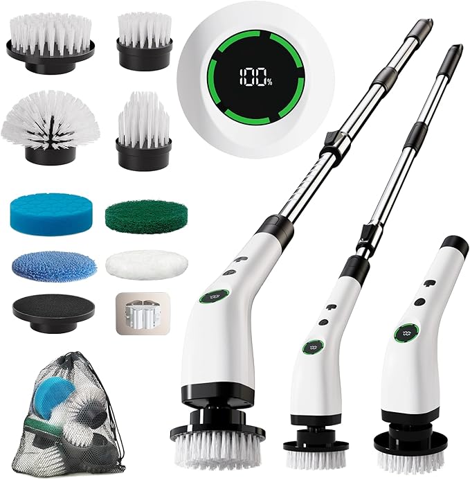 Electric Bathroom Cleaning Brush, Cordless Spin Scrubber Full Body Waterproof IPX7 with Adjustable Handle, 8 Replaceable Brush Heads for Bathtub/Kitchen/Window/Home -SD-CTB01