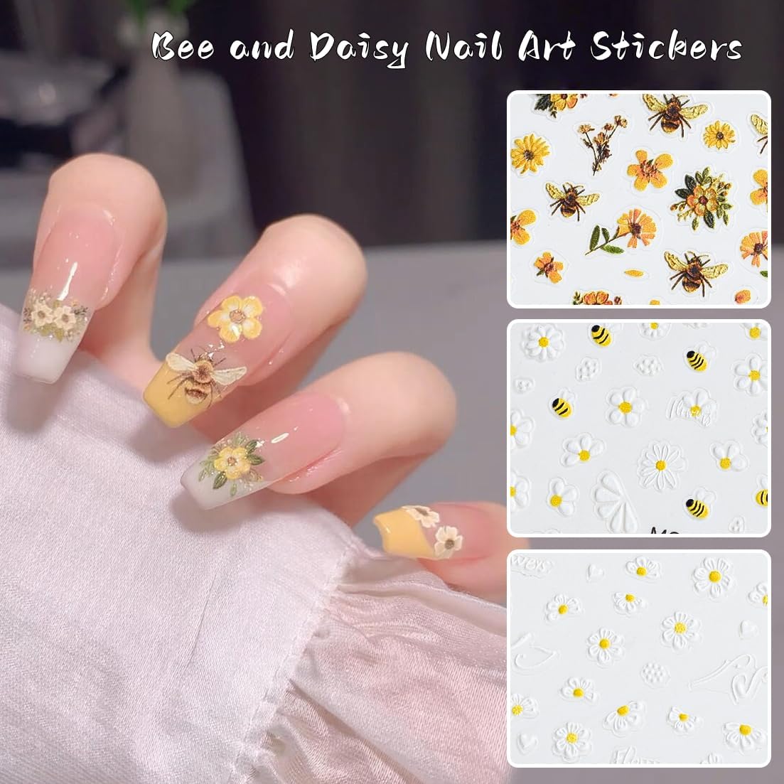 Bee Nail Stickers 3 Sheets Self-Adhesive Daisy Nail Decals White 5D Embossed Floral Nail Art Stickers for Women DIY Manicure Accessories Decorations