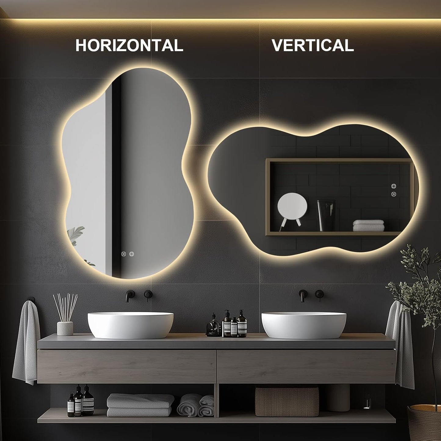 48"x30" Irregular LED Lighted Vanity Mirror for Bathroom, Front and Backlit, Anti-Fog, 3-Color Dimmable Lighting, Wall Mount [Horizontal/Vertical]