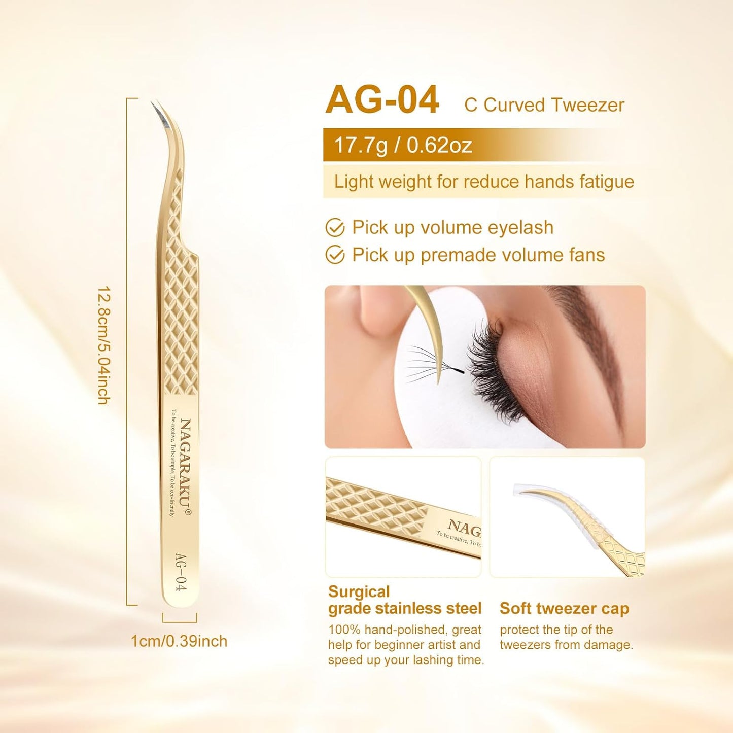 NAGARAKU Precision Fiber Tip Grip Tweezer for Eyelash Extensions Diamond Handle Anti-Static Anti-Slip Premium Gold Stainless Steel Eyelashes Tweezers Supplies with Box(C Curved Tip Tweezer AG-04)