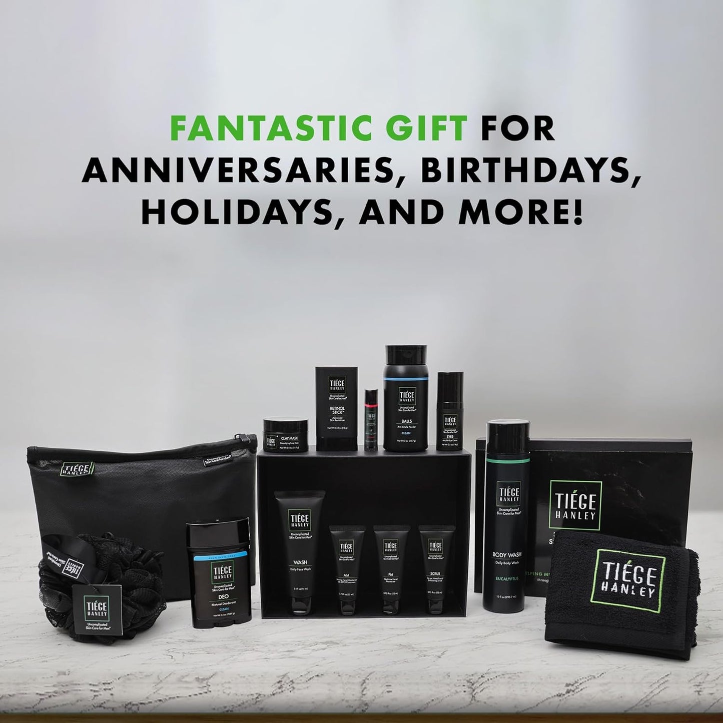 Tiege Hanley Mens Skin Care Gift Box Set, Platinum - Men's Skincare Set Includes Face Wash, AM & PM Moisturizer, Scrub, Eye Cream, Clay Mask, Retinol Stick, Body Wash, Deodorant, Lip Balm