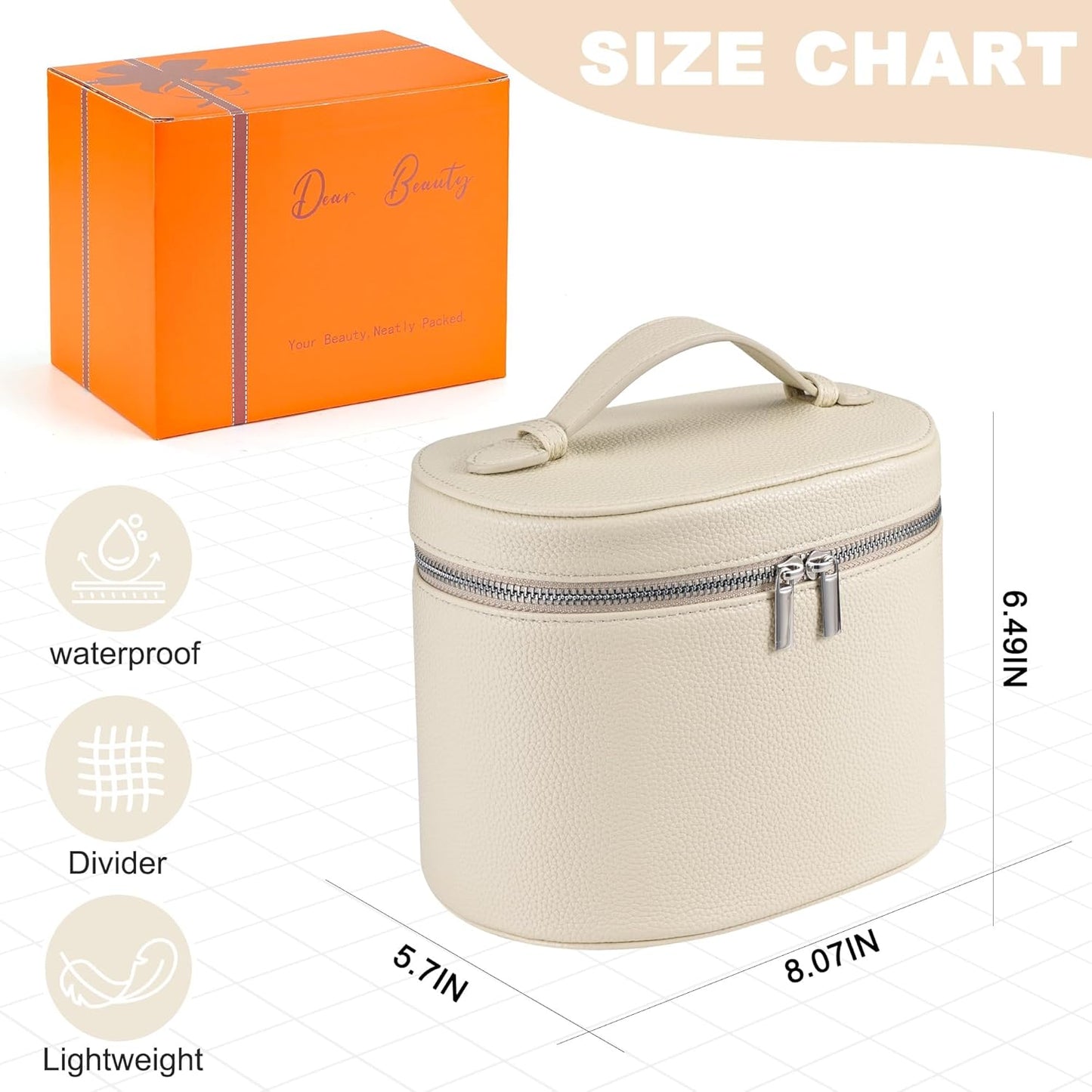 Makeup Bag Vanity Case Cosmetic Bag with Removable Divider Travel Toiletry Bag for Women Portable Make up Box Organizer, Beige