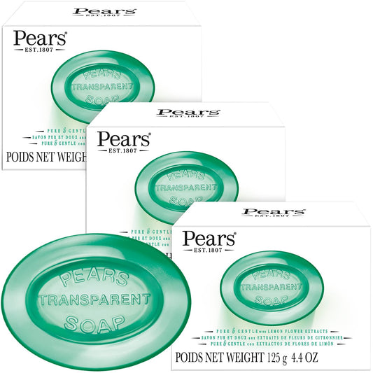 Pears Soap, Pure & Gentle with Lemon Flower Extracts, 3-Pack – Transparent Green Glycerin Soap for Radiant, Glowing Skin, 4.4 Oz Ea