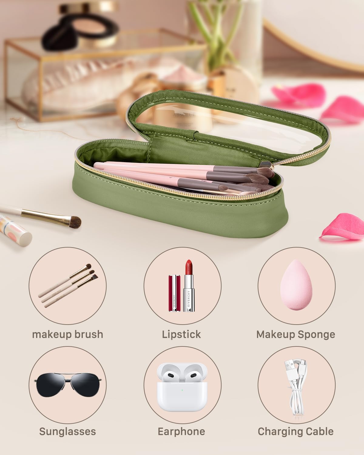 Clear Travel Makeup Brush Holder, Leather Makeup Brush Toiletry Bag, Portable Cosmetic Brush Case, Transparent Waterproof Makeup Brush Storage Bag, Green