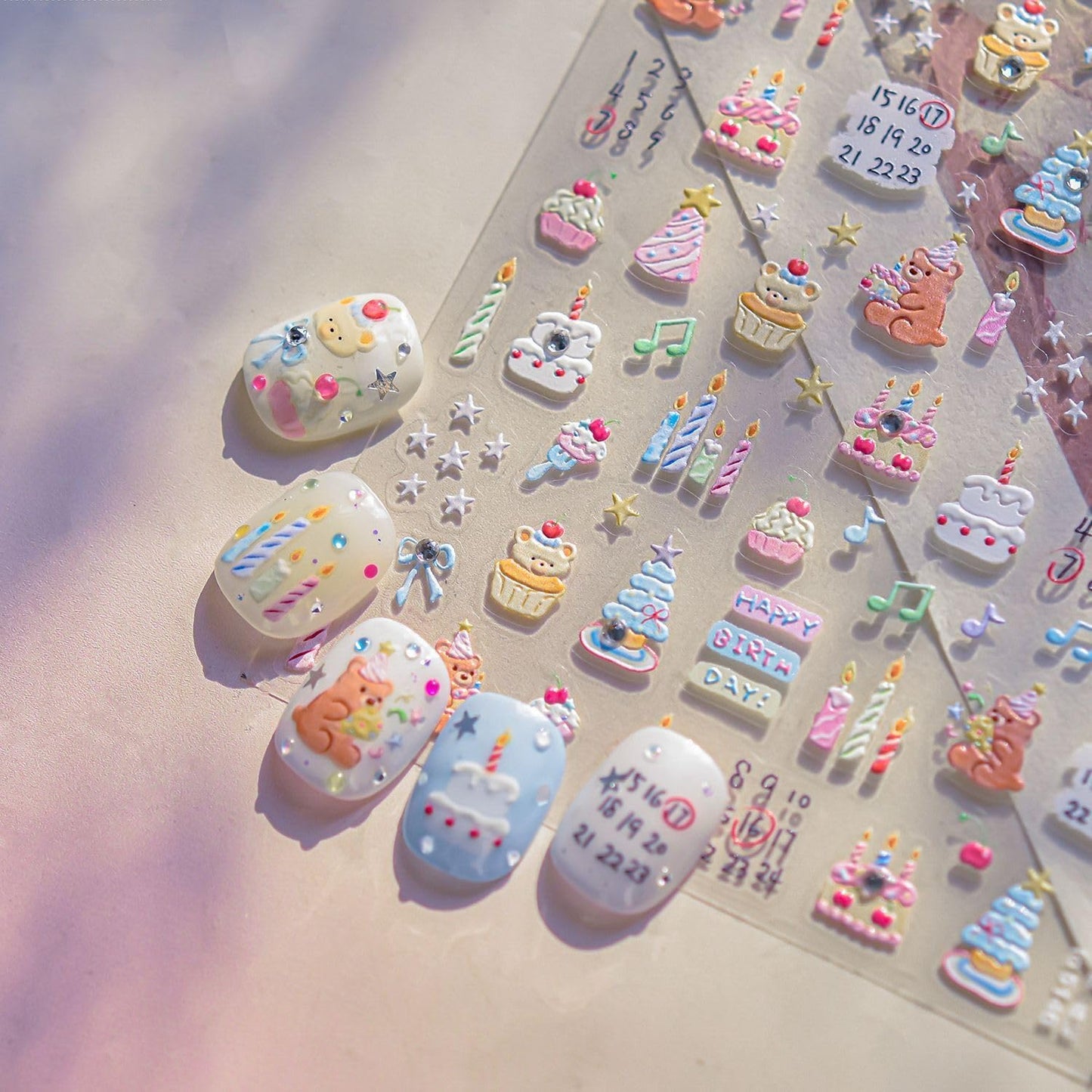 Cartoon Nail Stickers 3D Self-Adhesive Kawaii Animal Nail Supplies Cute Brown Bear Nail Decals 5D Embossed Birthday Party Candle Cake Nails Designs for Women Manicure DIY Nail Art Decorations