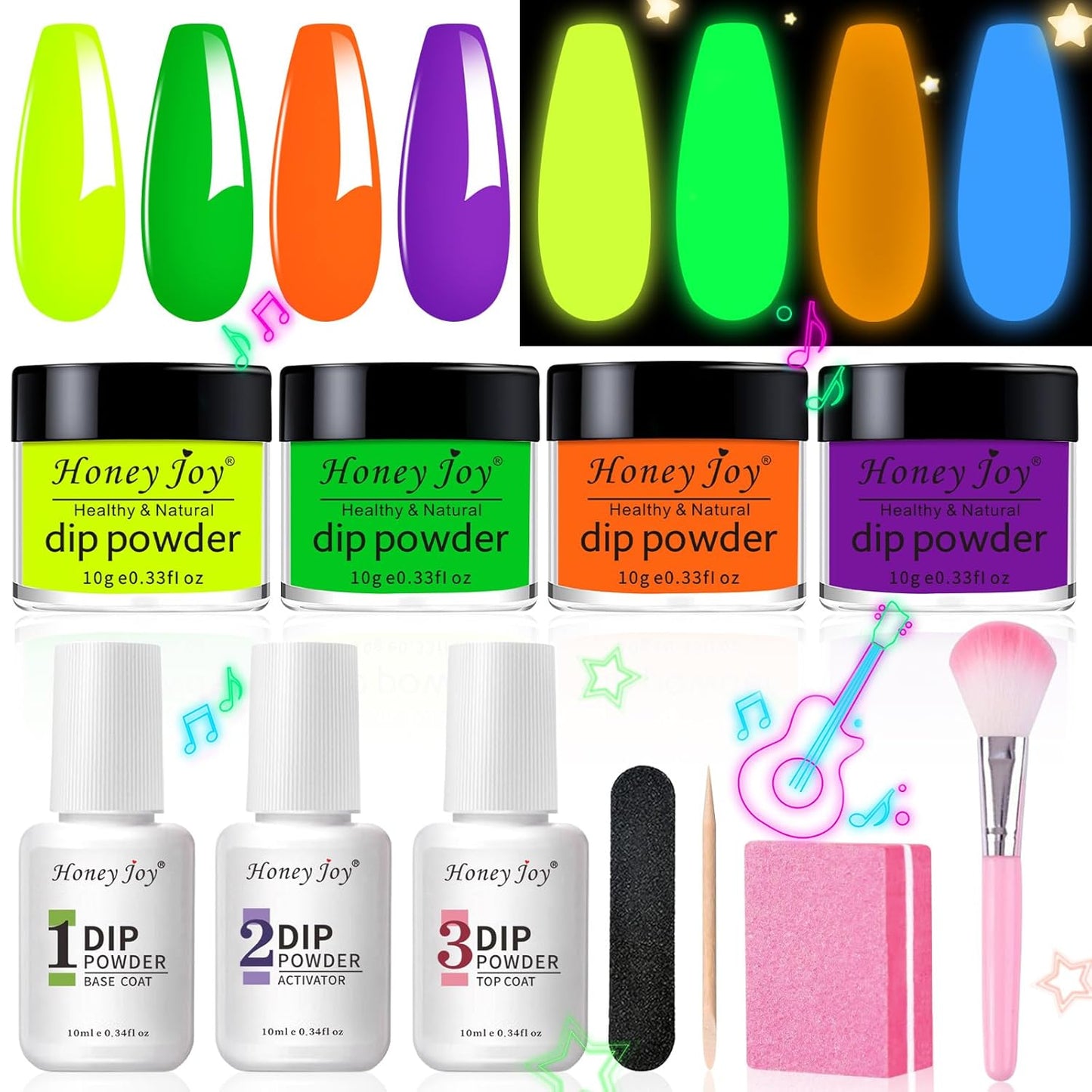 Honey Joy Dip Powder Nail Kit Starter, 4 Colors Glow in Dark Neon Dipping Powder Liquid Set for Halloween Xmas Club Black Light Fluorescent Birthday Masquerade Party Supplies, Dip-7pcs-No.19