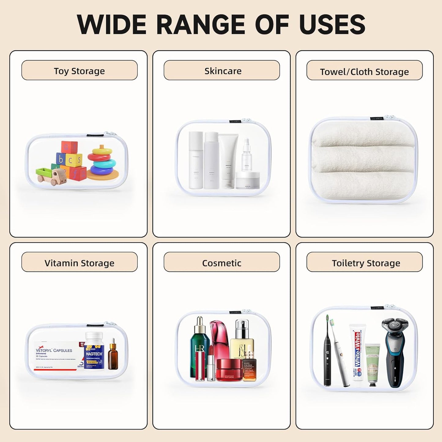 Hard Sided Clear Zipper Case for Storage- Professional-Grade Plastic Clear Zipper Pencil Case,Toy Storage Bins, Toiletry Pouch, Travel Organizer, Cosmetic Bag（White,3 Pack, LMS）