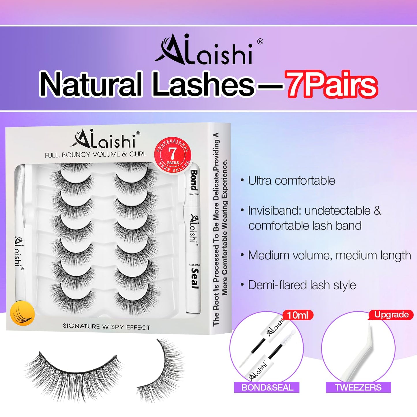 Wispy False Eyelashes Kit With Bond, Seal and Tweezer, 7 Pairs Natural Look Fake Cat Eye Lashes Strips Thin Band Extensions Waterproof Easy Eyelashes for Beginners RQ46