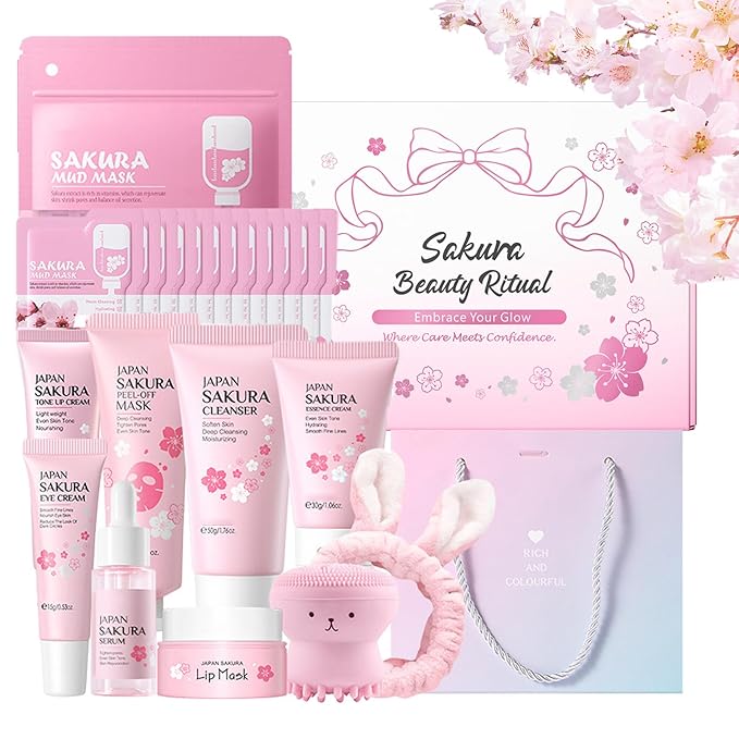 Sakura Skincare Set for Teen Girls 10-12,Skin Care Sets & Kits,33PCS Teenage Girls Gifts,Complete Pamper Face Care Sets for Women,Daily Facial Skincare Routine (One Size, Cherry Blossom-StyleD)