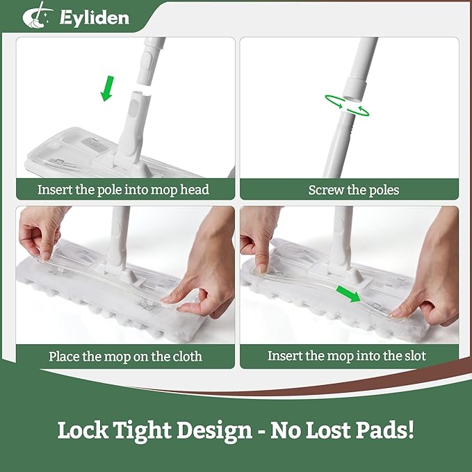 Eyliden Dust Mop, Sweeping & Mopping Kit | 58" Extended Long Handle, 36 Disposable Dry Cloths, Multi Surface Sweeper Mops for Floor Cleaning (White)