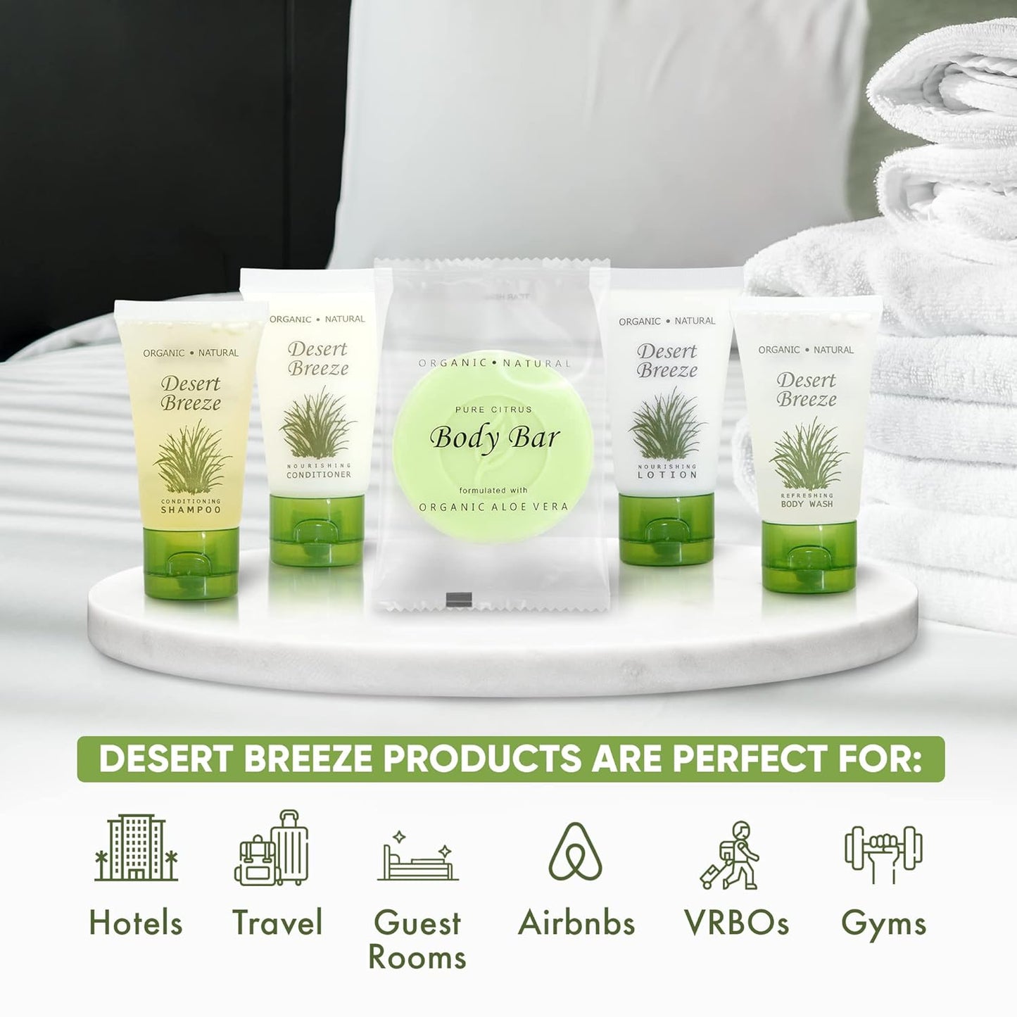 Desert Breeze Hotel Soaps and Toiletries Bulk Set | 1oz Hotel Shampoo & Conditioner, Body Wash, Body Lotion & Bar Soap | Half Pallet 21 cases with 300 units each - 6,300 pieces