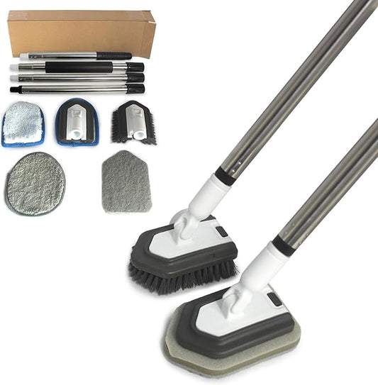 Floor Scrub Brush, 5 in 1 Tile Tub Scrubber with 56" Adjustable Long Handle and 5 No Scratch Scrubber Heads for Bathroom, Kitchen, Toilet, Bathtub