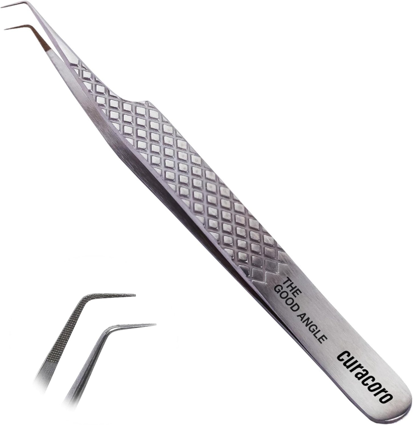 Curacoro Lash Tweezer - Professional & Precision Fiber Tip Grip Lash Tweezers for Eyelash Extensions, Multi Shapes & Purposes Tweezers for Volume, Isolation & Classic Lashes (Silver, The Good Angle)