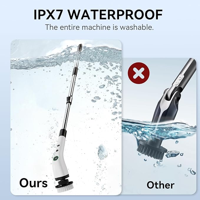 Electric Bathroom Cleaning Brush, Cordless Spin Scrubber Full Body Waterproof IPX7 with Adjustable Handle, 8 Replaceable Brush Heads for Bathtub/Kitchen/Window/Home -SD-CTB01