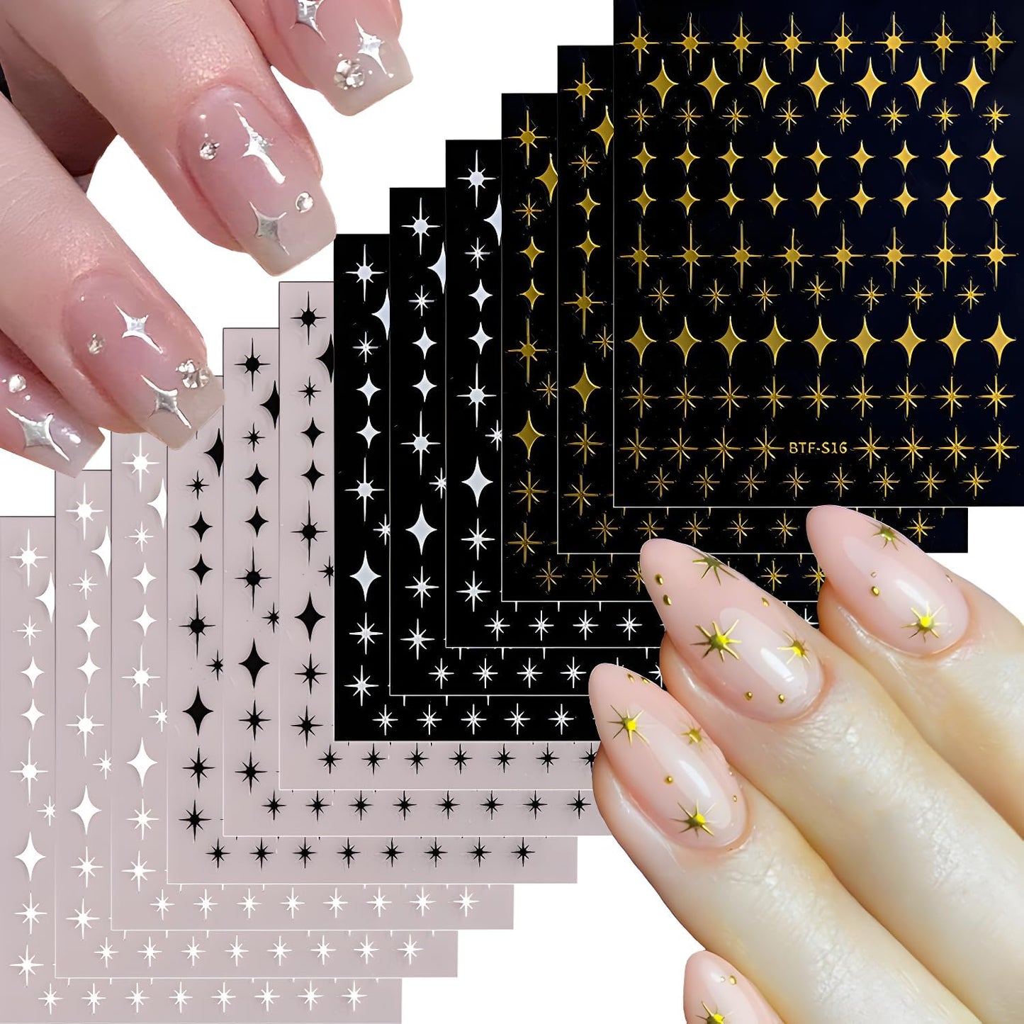 3D Self-Adhesive Star Nail Art Stickers - 12 Sheets Silver Gold Black White Decals for Acrylic Nails - Nail Design Supplies for Women Girls