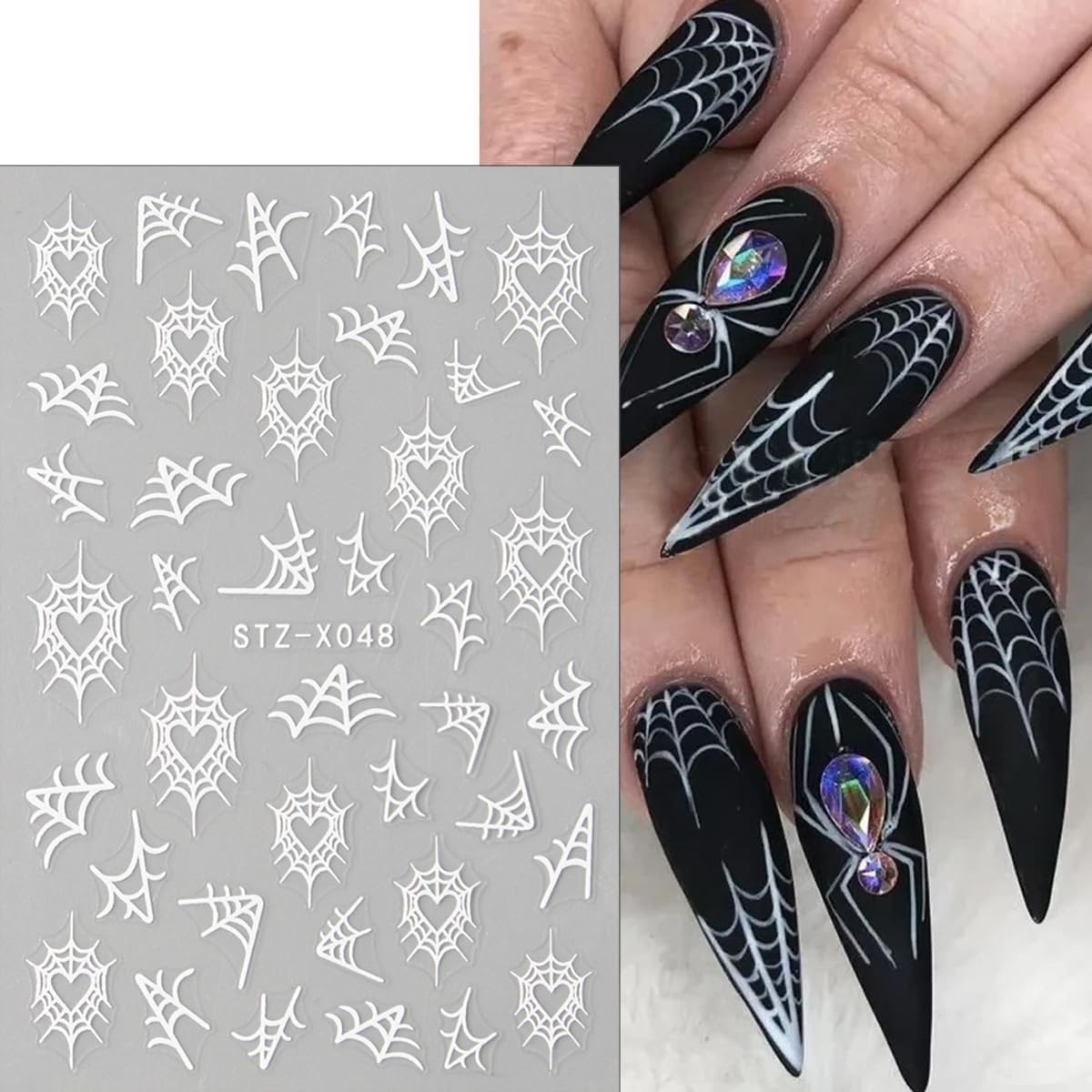 Halloween Nail Stickers 3D Self-Adhesive Goth Nail Art Stickers Pink Spider Web Spider Heart Glitter Design Halloween Acrylic Nail Art Decoration Cute Horror Nail Decals for Women Acrylic Nails DIY