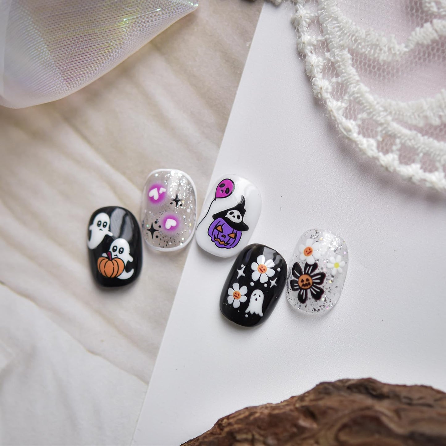 Halloween Nail Stickers for Nail Art Cute Ghost Pumpkin Flower Nail Art Stickers 5D Embossed Nail Decals 3D Self-Adhesive Nails Supply Manicure Sliders for Nails Decoration