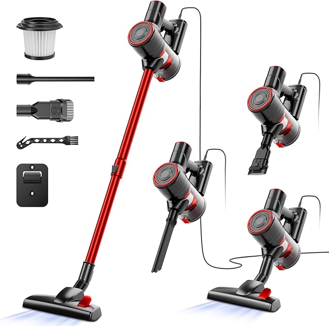 Corded Vacuum Cleaner for Home, 600W Powerful Stick Vacuum, 2 in 1 Vacuum Cleaners,1.2 L Dust Cup, Corded Handheld Vacuum Pet for Hair, Short-Pile Carpet, Hardfloor (Red)