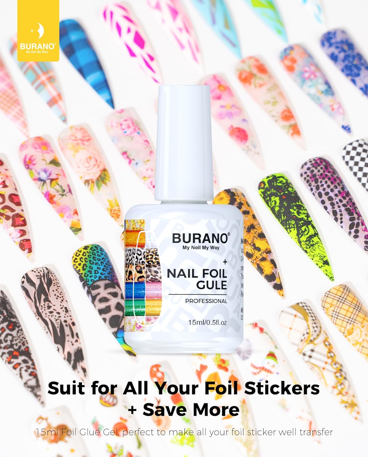 BURANO Nail Art Nail Foil Glue Gel, o.5 oz with 10PCS Foil Stickers Set Nail Foil Glue for Nails Foil Transfer Gel, Nail Design DIY UV LED Lamp Required(Flower Foil 09)